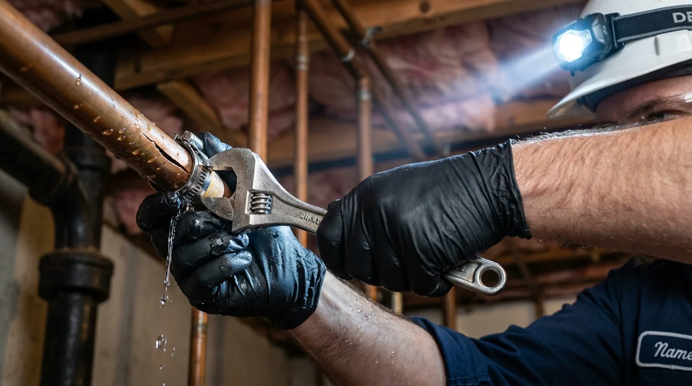 Emergency pipe clamp repair being performed by a Johns Plumbing LLC plumber in Maysville