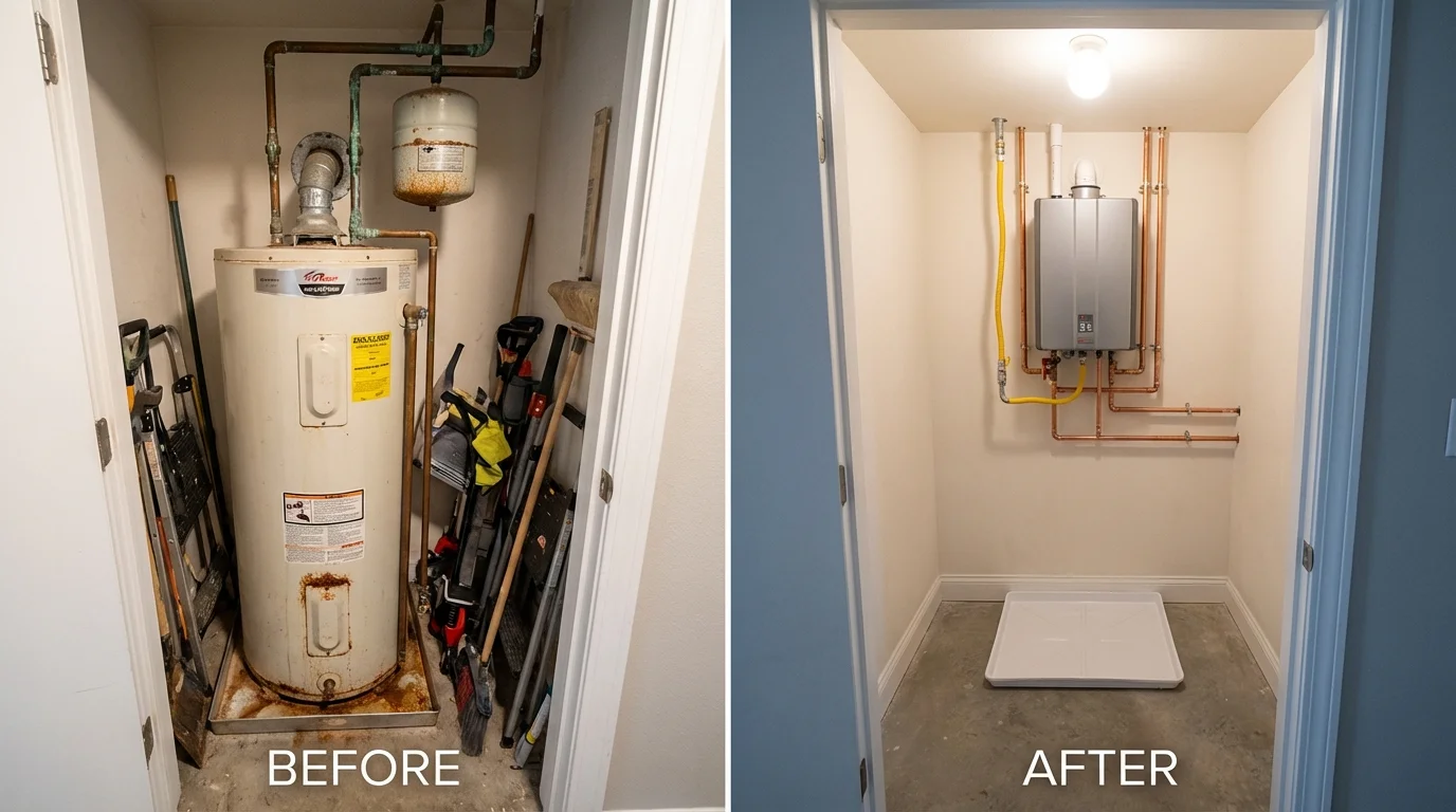 Tank water heater versus wall-mounted tankless unit comparison for Maysville, NC homeowners