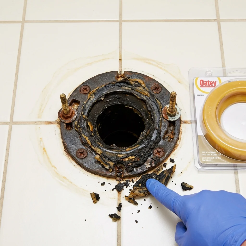 Failed wax ring showing water seepage at the base of a toilet in a Maysville, NC home