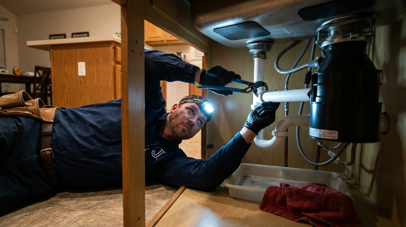 P-trap and supply line connections under a kitchen sink showing a common leak point in Maysville, NC